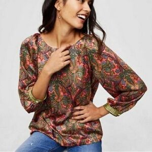🛍 6 for $35 • LOFT Colorful Paisley Silky 3/4 Puffed Sleeve Boatneck Blouse